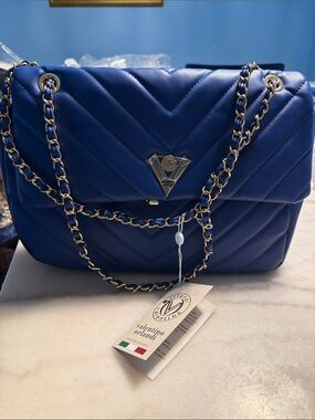 Valentino Orlandi Royal Blue Quilted Chain Shoulder Bag with Gold Hardware
